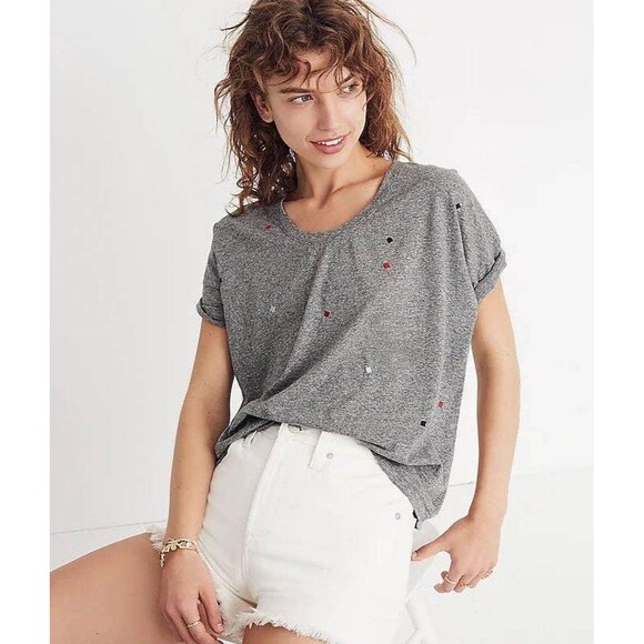 Madewell Women's S U-Neck Embroidered Tee T-Shirt Gray Cotton Viscose Poly - Picture 1 of 9